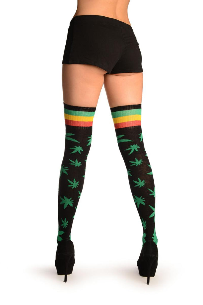 Liss Kiss Black With Green Leaves And Stripes Over The Knee Socks - Over The Knee Socks