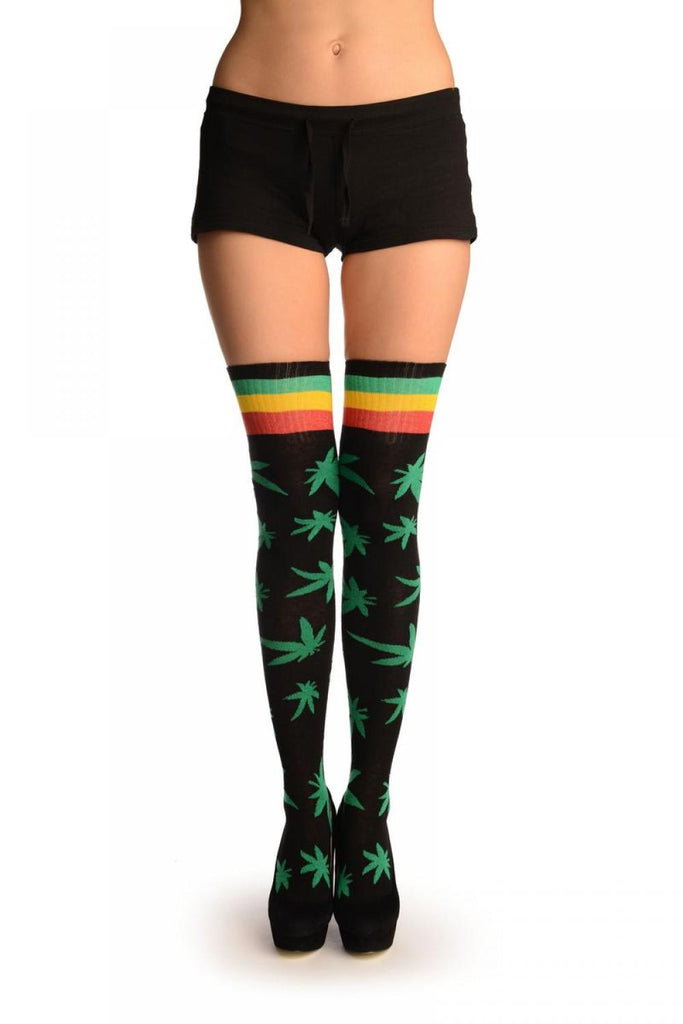 liss kiss Black With Green Leaves and Stripes Over The Knee Socks - Over The Knee Socks
