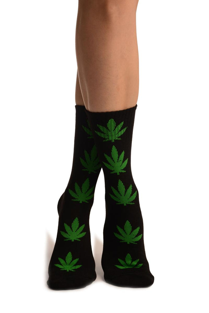 liss kiss Black With Green Leaves Ankle High Socks - Socks