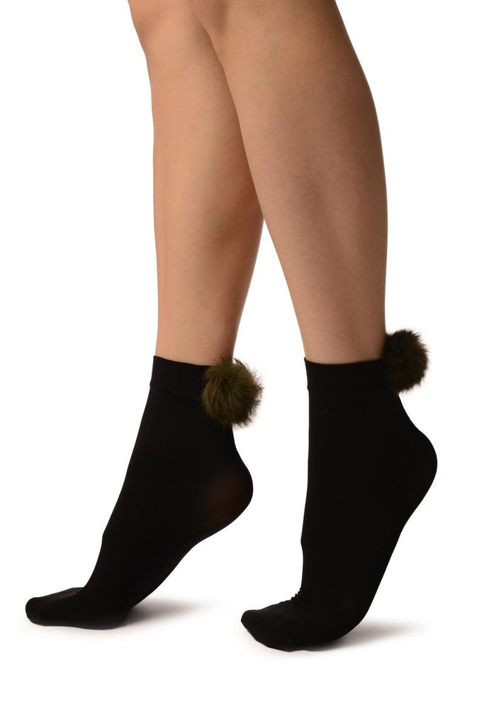 Liss Kiss Black With Green Pon Pon Rabbit Fur Ankle High Socks - Socks