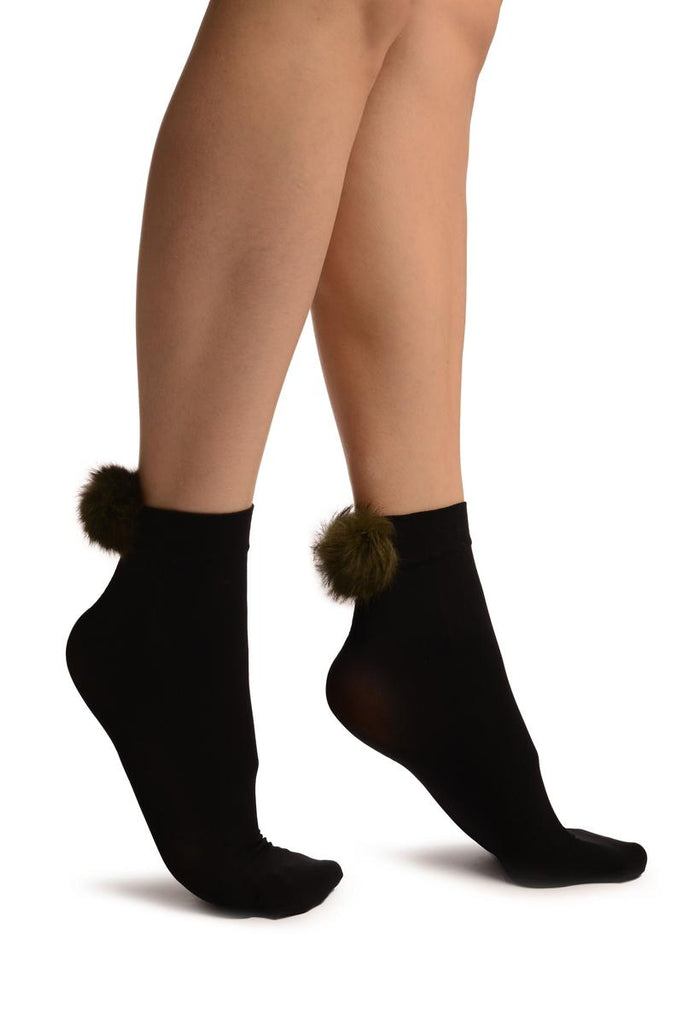 Liss Kiss Black With Green Pon Pon Rabbit Fur Ankle High Socks - Socks