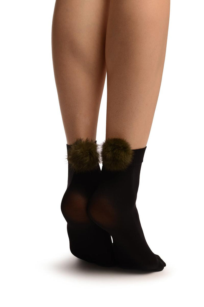 liss kiss Black With Green Pon Pon Rabbit Fur Ankle High Socks - Socks