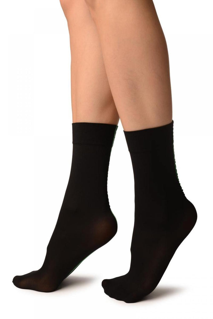 Liss Kiss Black With Green Wide Back Seam Ankle High Socks - Socks
