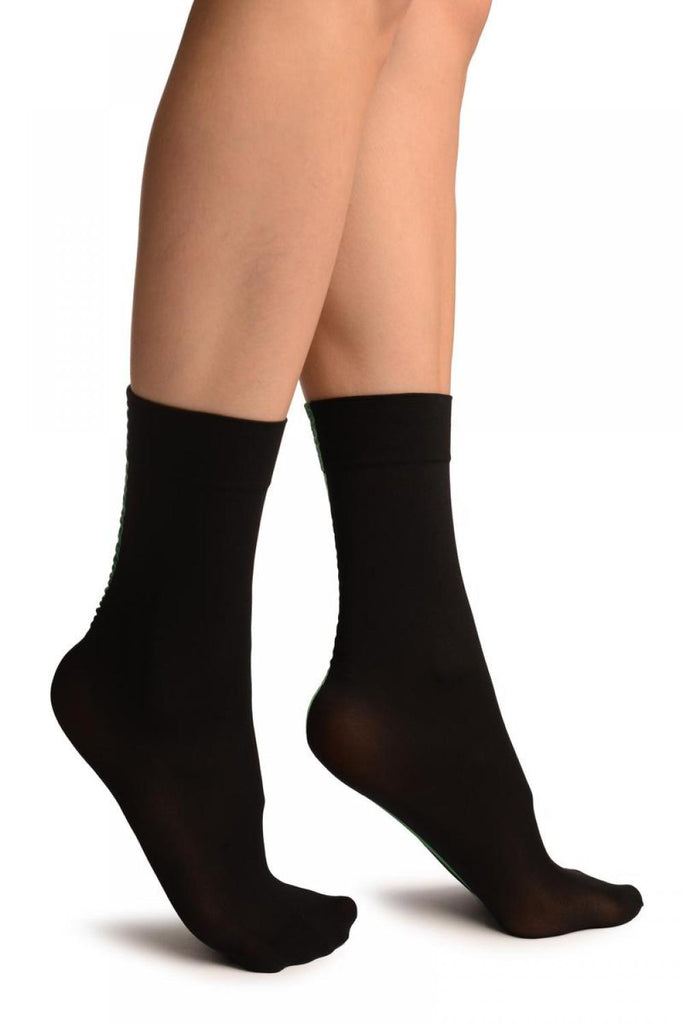 Liss Kiss Black With Green Wide Back Seam Ankle High Socks - Socks