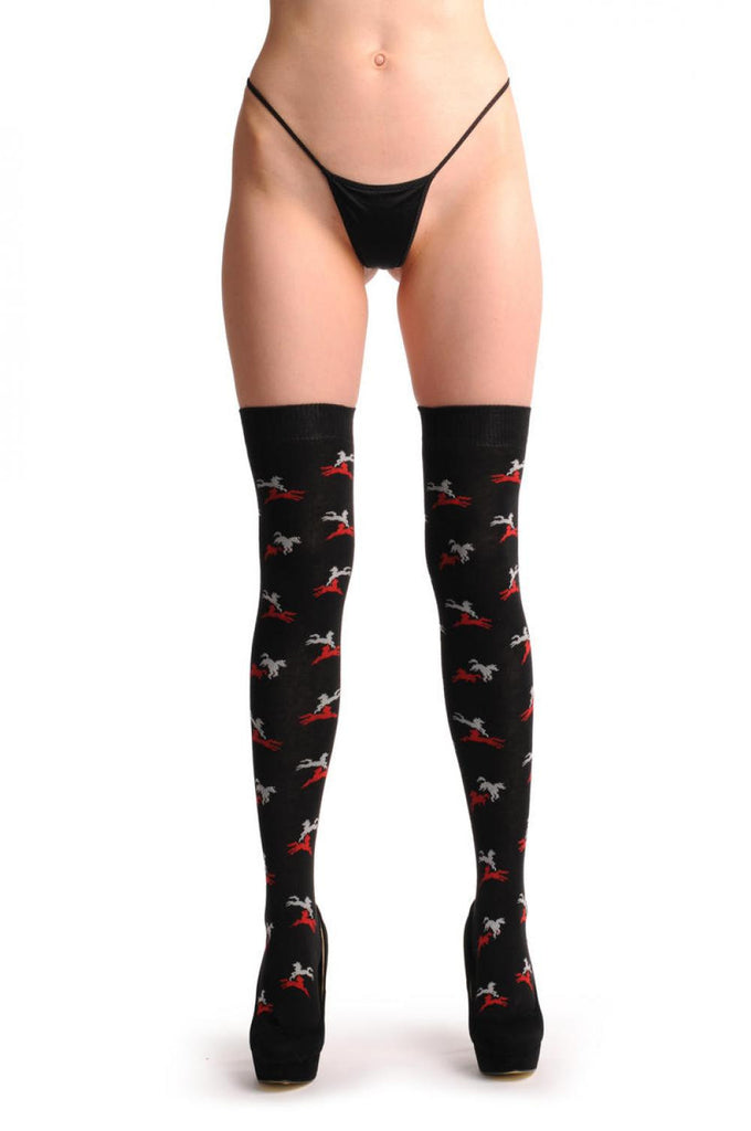 Liss Kiss Black With Grey & Red Playing Horses - Over The Knee Socks