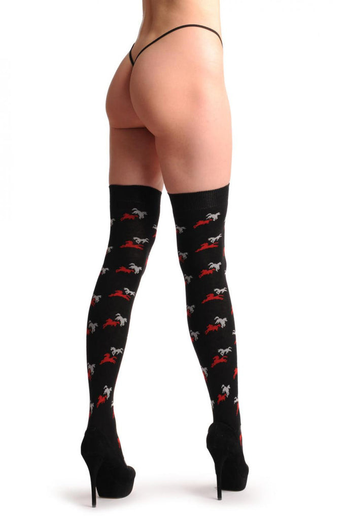 Liss Kiss Black With Grey & Red Playing Horses - Over The Knee Socks
