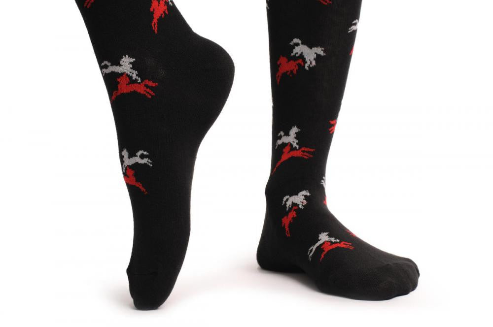 Liss Kiss Black With Grey & Red Playing Horses - Over The Knee Socks