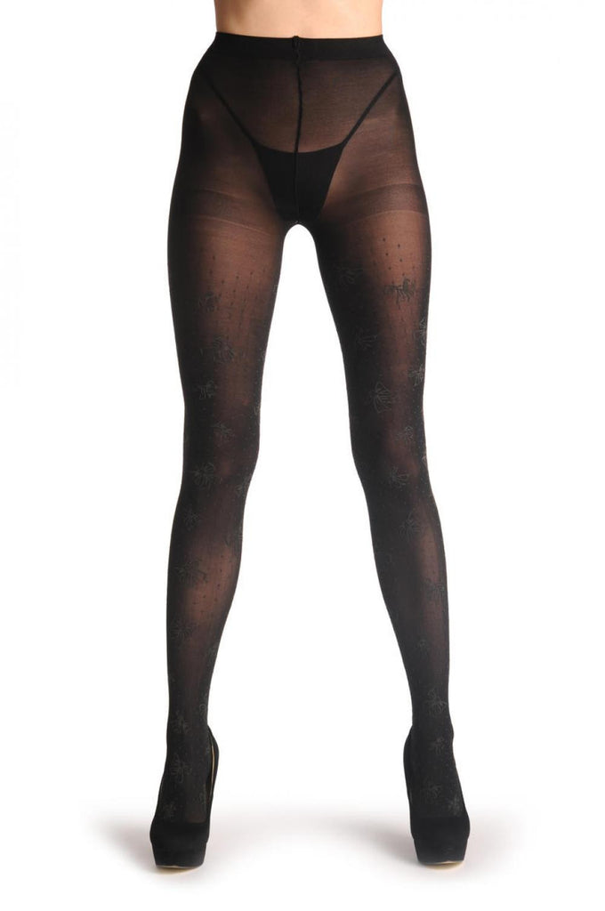 Liss Kiss Black With Grey Rubberized Bows & Dots - Tights