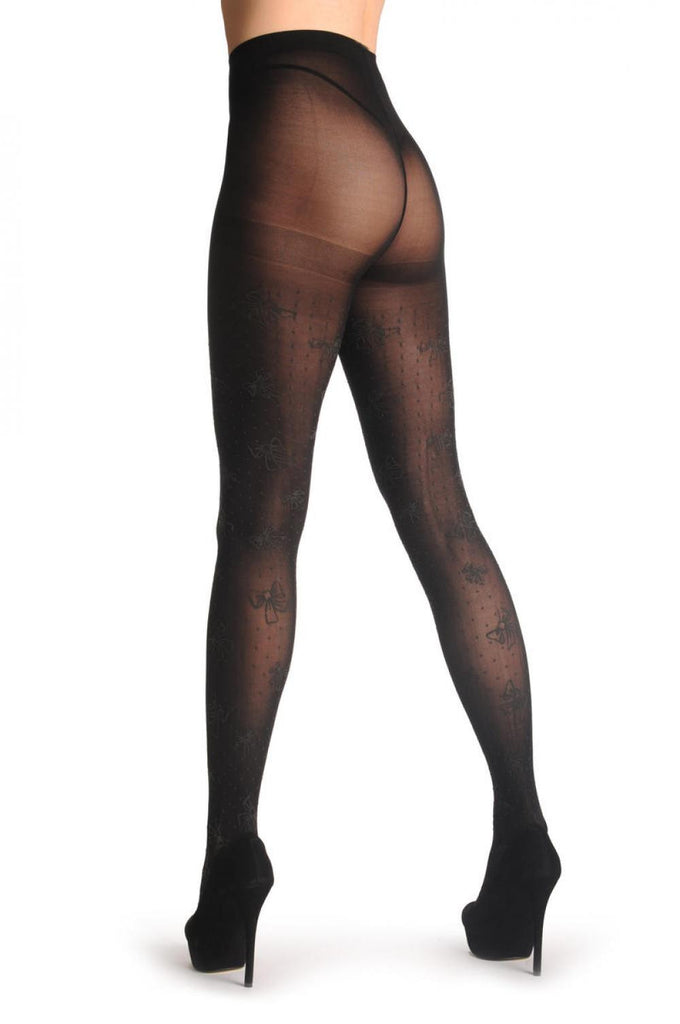 Liss Kiss Black With Grey Rubberized Bows & Dots - Tights