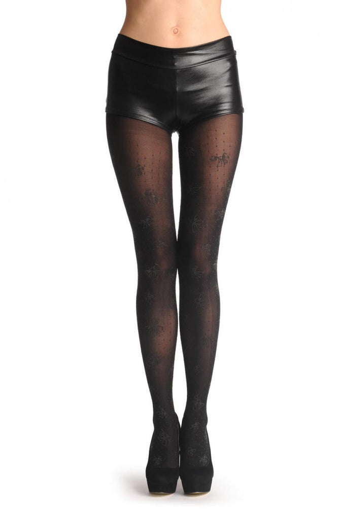 liss kiss Black With Grey Rubberized Bows & Dots - Tights