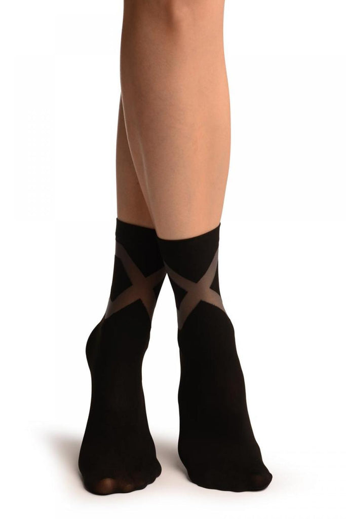 liss kiss Black With Grey Sheer Criss-Cross Ankle High Socks - Socks