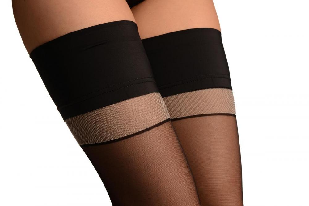 Liss Kiss Black With Grey Stripe & Black Silicon Garter - Hold Ups