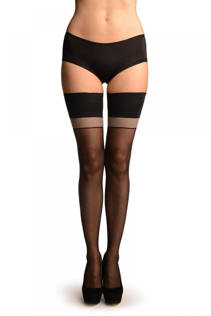 Liss Kiss Black With Grey Stripe & Black Silicon Garter - Hold Ups