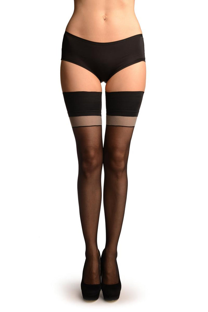 Liss Kiss Black With Grey Stripe & Black Silicon Garter - Hold Ups