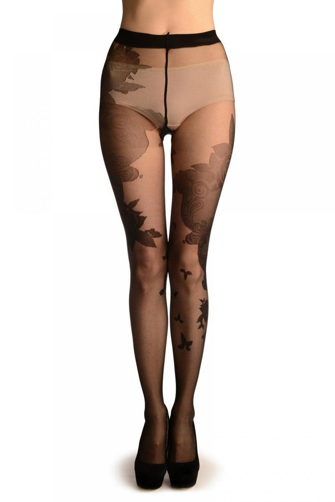 Liss Kiss Black With Large Asymmetrical Roses - Tights