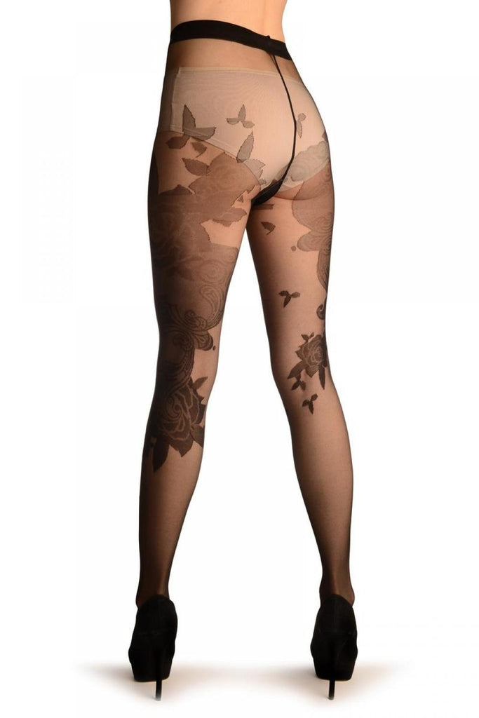 Liss Kiss Black With Large Asymmetrical Roses - Tights