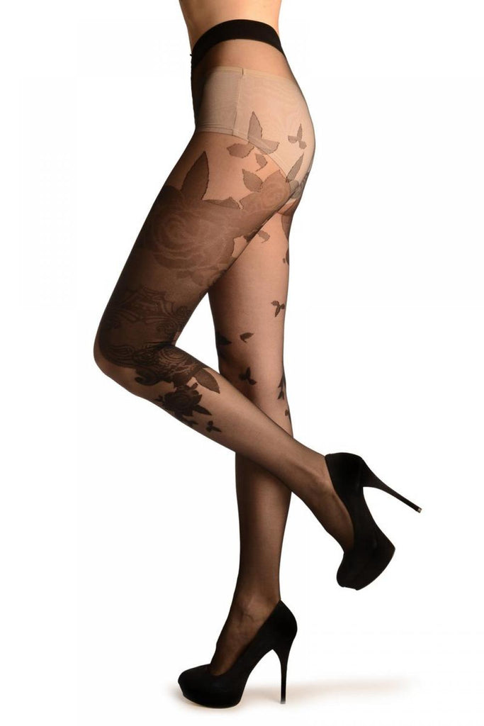 liss kiss Black With Large Asymmetrical Roses - Tights