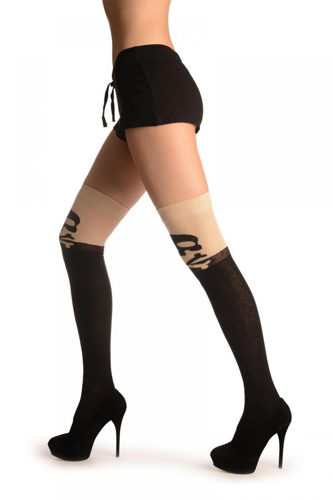 Liss Kiss Black With Large Crossbones On Beige - Over The Knee Socks