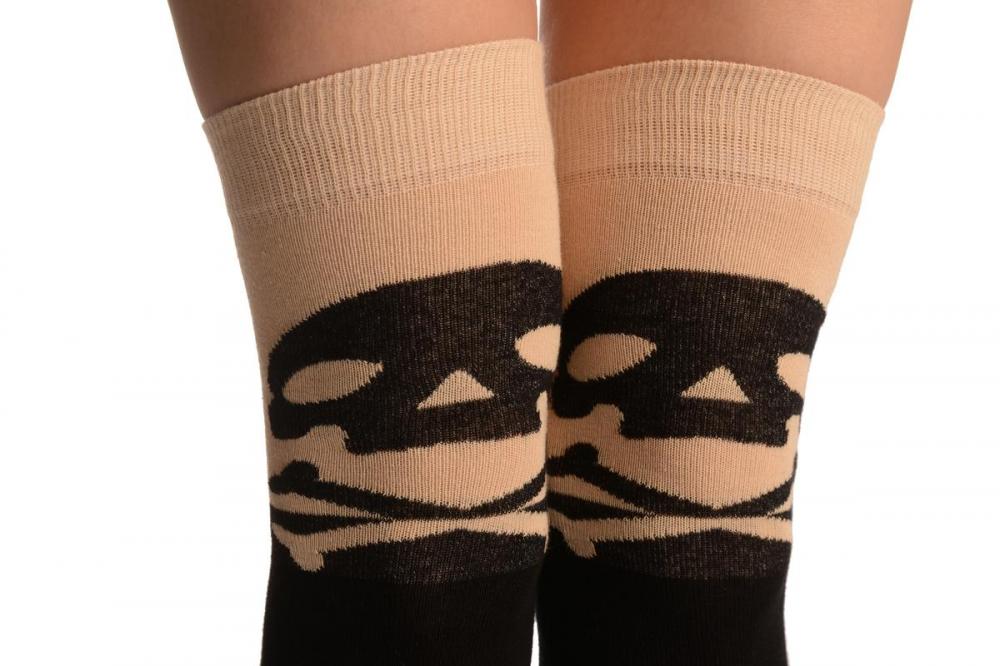 Liss Kiss Black With Large Crossbones On Beige - Over The Knee Socks