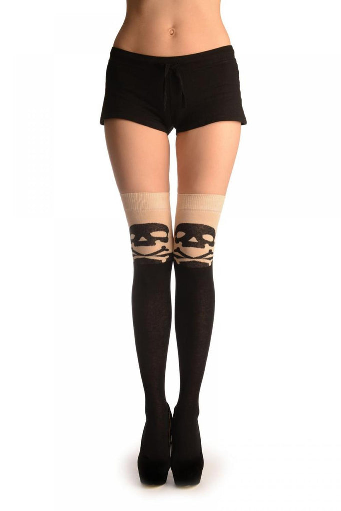 Liss Kiss Black With Large Crossbones On Beige - Over The Knee Socks