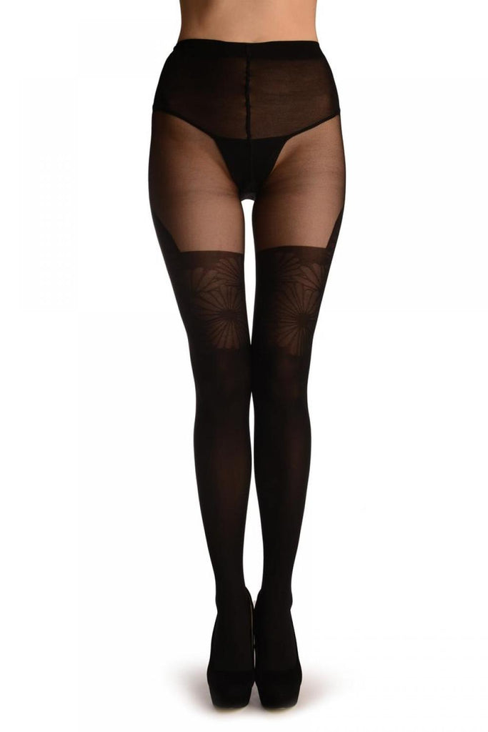 Liss Kiss Black With Large Daisies At The Top & Faux Suspenders - Tights