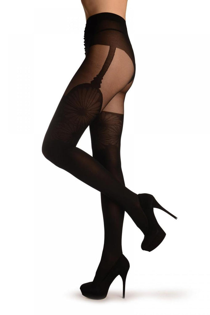 liss kiss Black With Large Daisies At The Top & Faux Suspenders - Tights