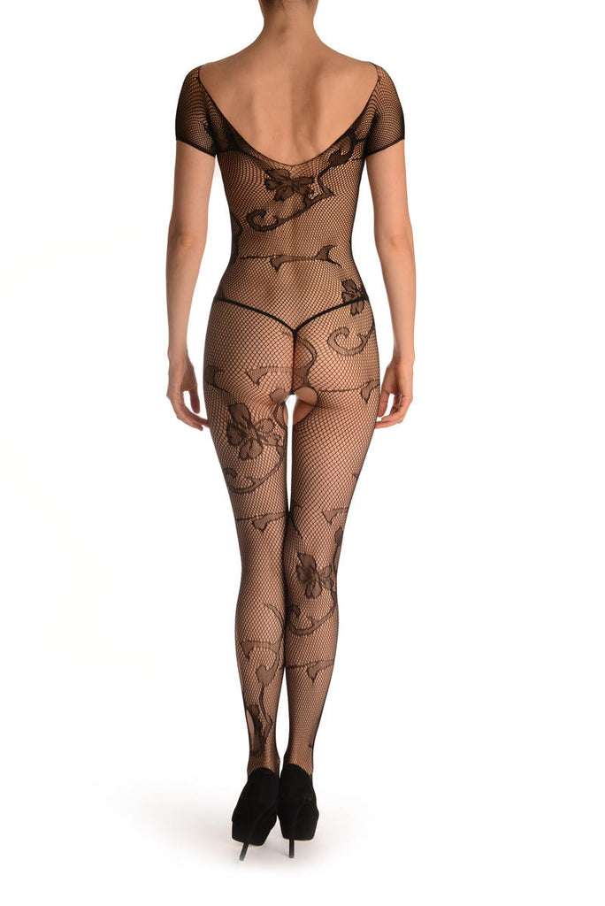 Liss Kiss Black With Large Flowers All Over Bodystocking - Bodystocking