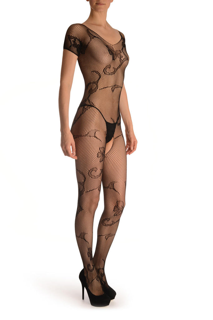 Liss Kiss Black With Large Flowers All Over Bodystocking - Bodystocking