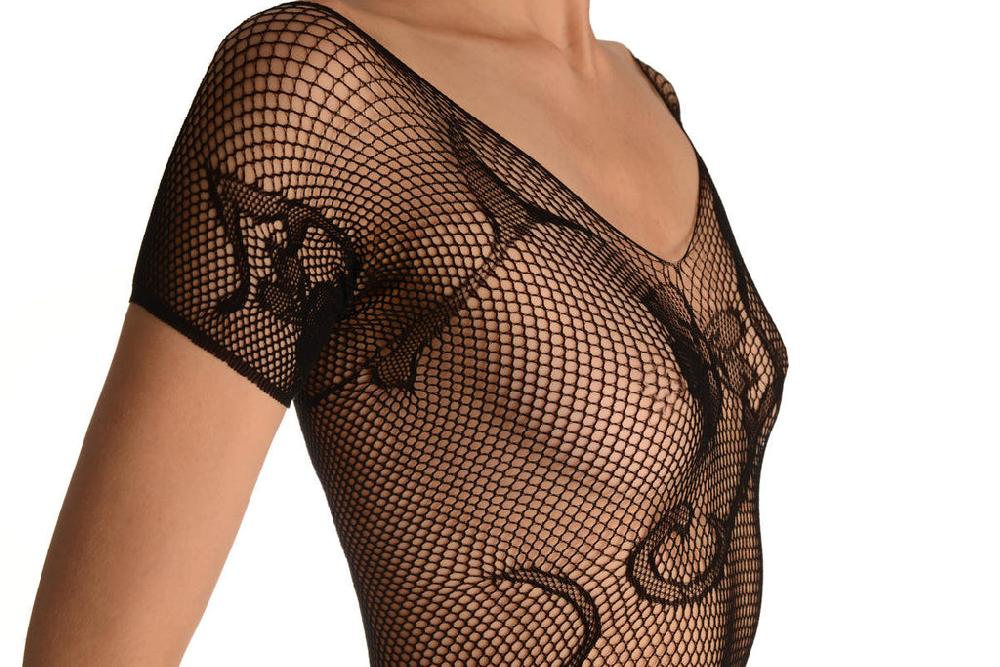 Liss Kiss Black With Large Flowers All Over Bodystocking - Bodystocking