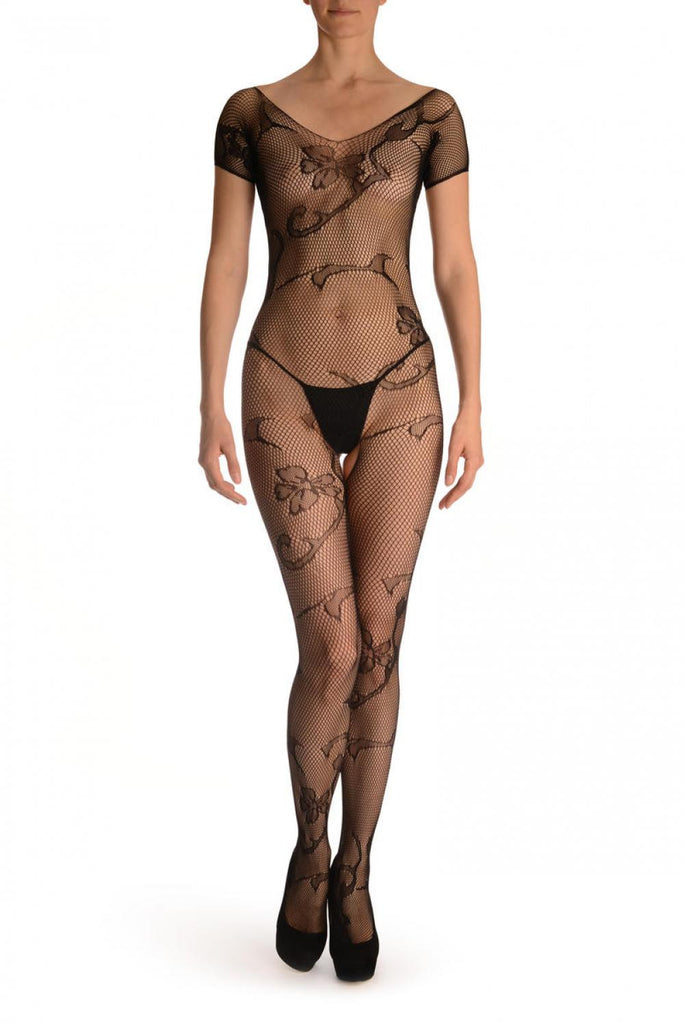 liss kiss Black With Large Flowers All Over Bodystocking - Bodystocking
