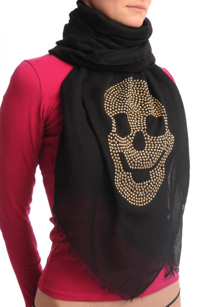 Liss Kiss Black With Large Gold Studded Skull Unisex Scarf & Beach Sarong - Scarf