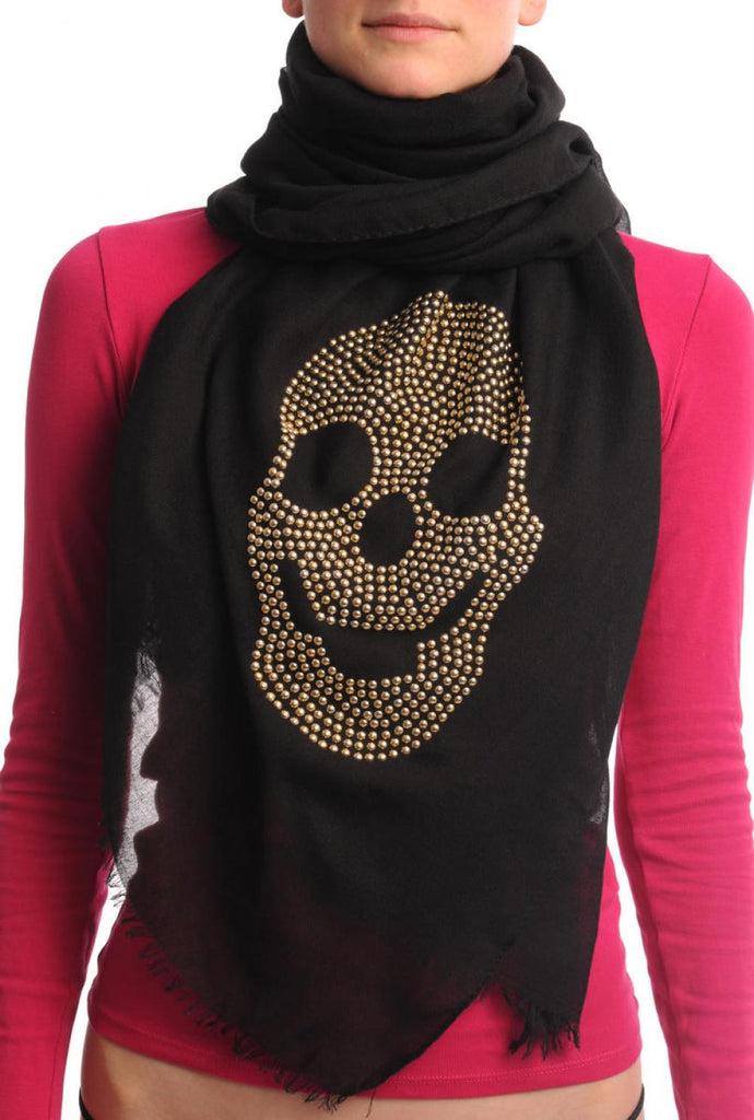 Liss Kiss Black With Large Gold Studded Skull Unisex Scarf & Beach Sarong - Scarf