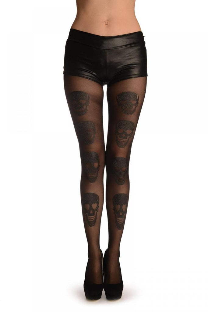 liss kiss Black With Large Grey Metal Print Skulls (Halloween) - Tights