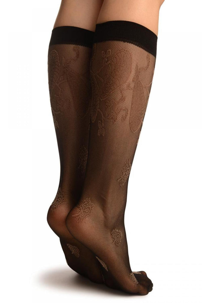 Liss Kiss Black With Large Paisley & Clover Socks Knee High - Socks