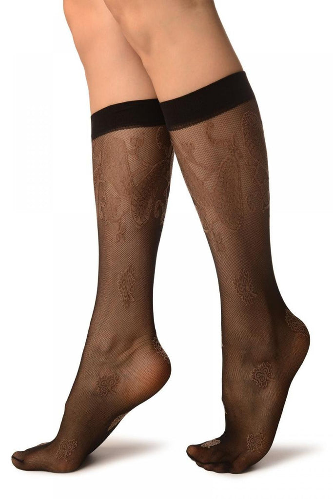 Liss Kiss Black With Large Paisley & Clover Socks Knee High - Socks