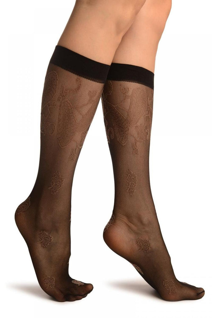 Liss Kiss Black With Large Paisley & Clover Socks Knee High - Socks