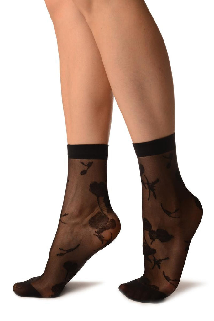Liss Kiss Black With Large Poppy Flowers Ankle High Socks - Socks