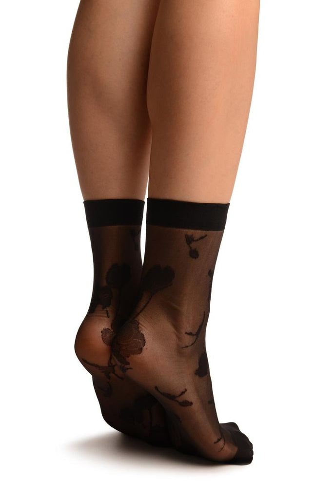 Liss Kiss Black With Large Poppy Flowers Ankle High Socks - Socks