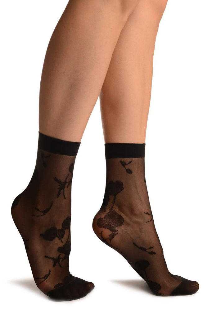 liss kiss Black With Large Poppy Flowers Ankle High Socks - Socks