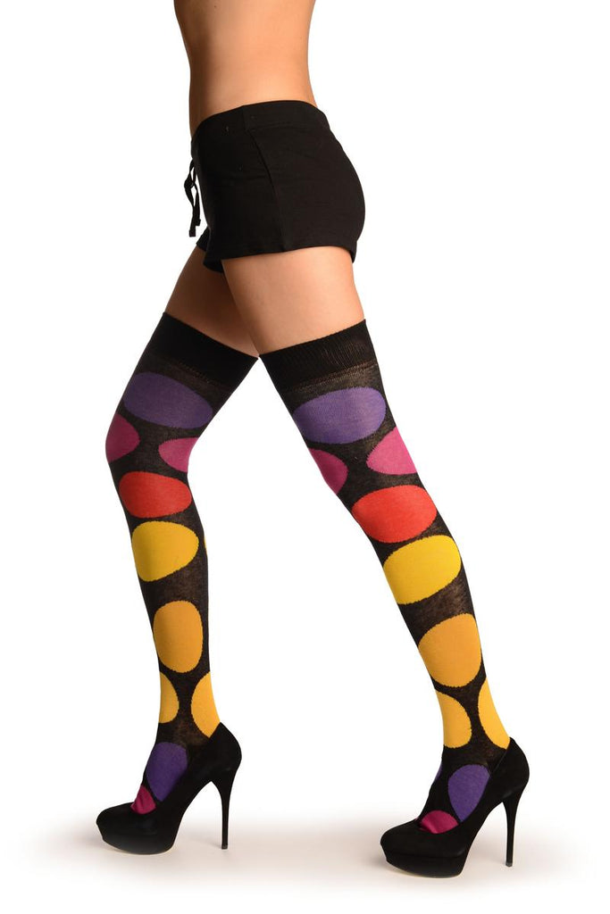 Liss Kiss Black With Large Rainbow Polka Dots Over The Knee Socks - Over The Knee Socks