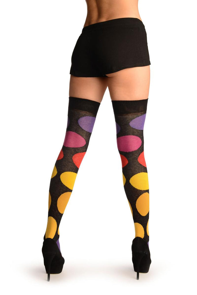 Liss Kiss Black With Large Rainbow Polka Dots Over The Knee Socks - Over The Knee Socks