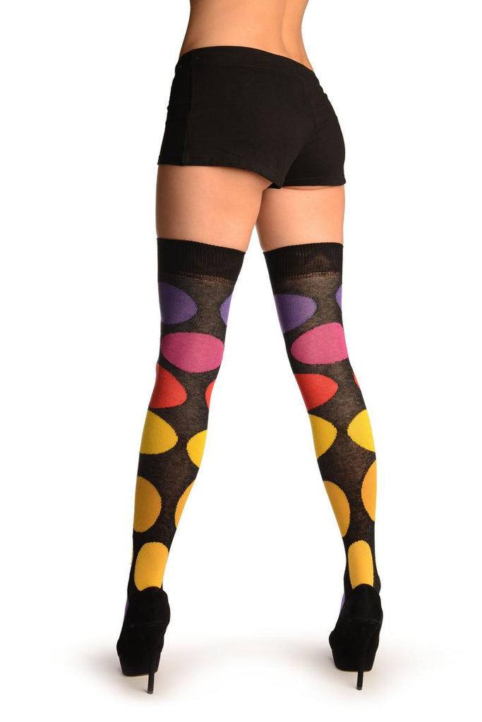Liss Kiss Black With Large Rainbow Polka Dots Over The Knee Socks - Over The Knee Socks