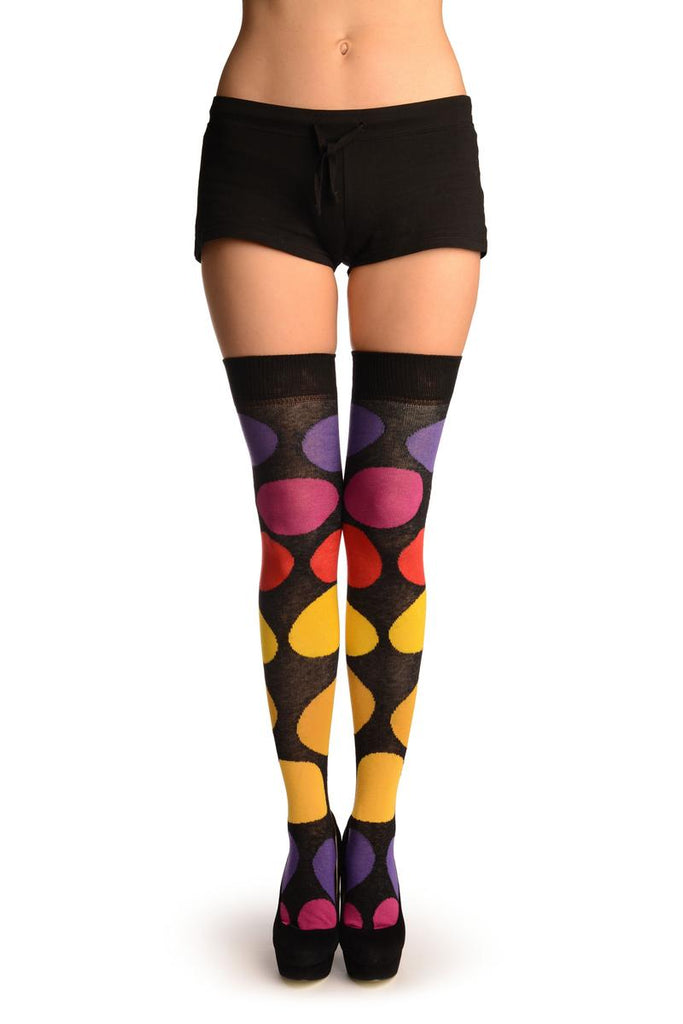 liss kiss Black With Large Rainbow Polka Dots Over The Knee Socks - Over The Knee Socks