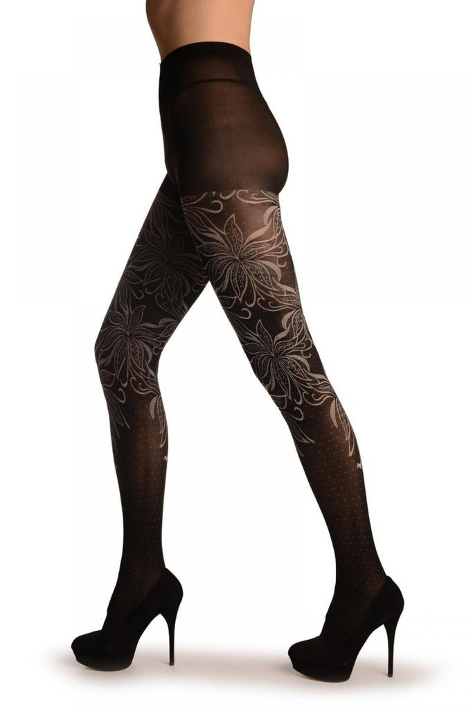 Liss Kiss Black With Large White Lilies & Dots - Tights