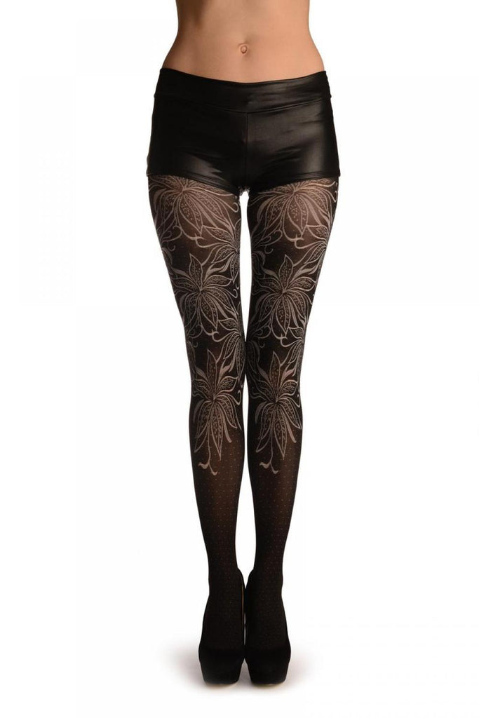 liss kiss Black With Large White Lilies & Dots - Tights
