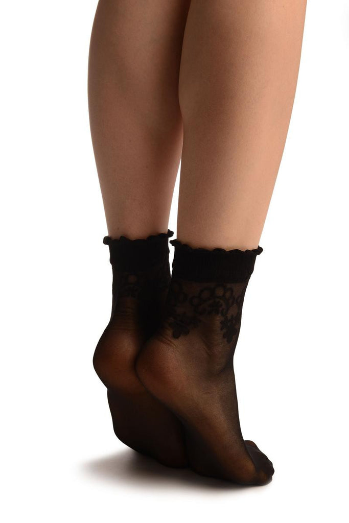 Liss Kiss Black With Large Woven Flowers Top Ankle High Socks - Socks