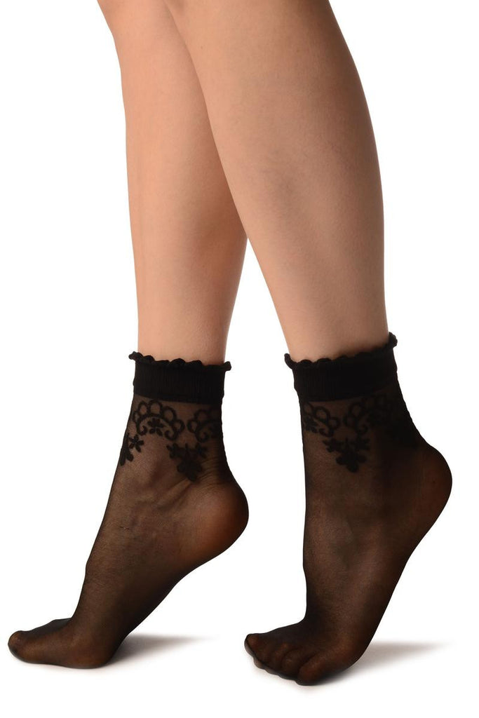Liss Kiss Black With Large Woven Flowers Top Ankle High Socks - Socks