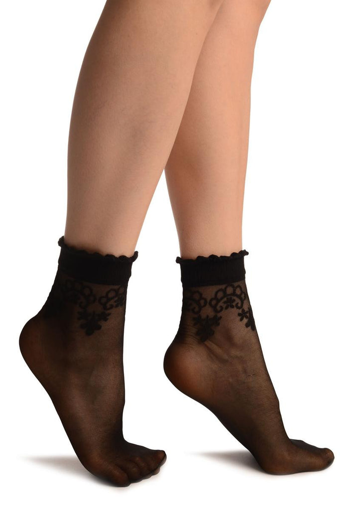 liss kiss Black With Large Woven Flowers Top Ankle High Socks - Socks