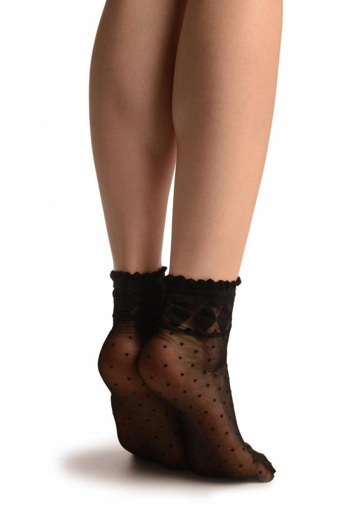Liss Kiss Black With Little Dots And Diamonds Silky Comfort Top Ankle High Socks - Socks