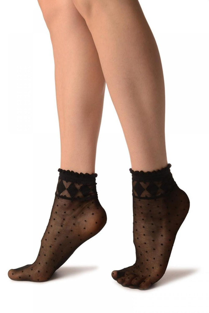 Liss Kiss Black With Little Dots And Diamonds Silky Comfort Top Ankle High Socks - Socks